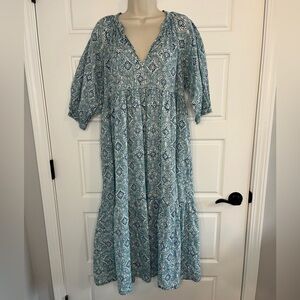 Matta Boho Puff Sleeve Tiered Maxi Dress Blue Geometric Print Cotton Size L